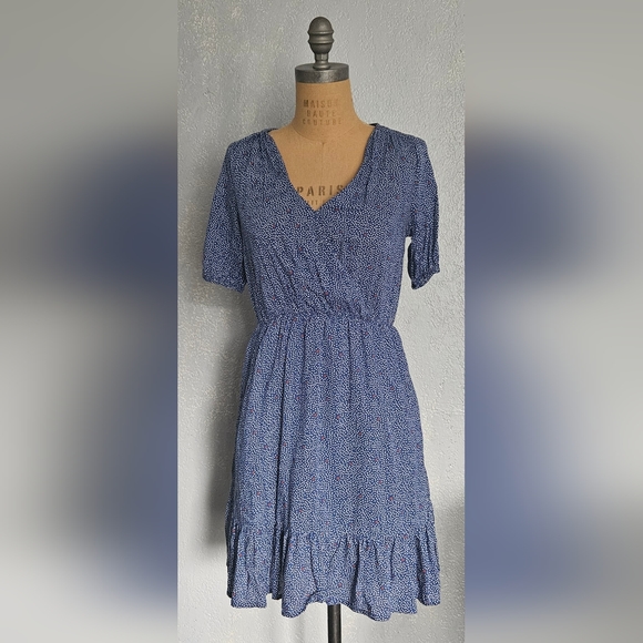 Lucky Brand  Midi Short Sleeves Blue Ruffle Dress White Red Polka-dots Size S - Picture 2 of 8